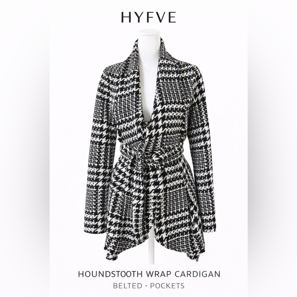 HYFVE Black & White Houndstooth Belted Wrap Cardigan